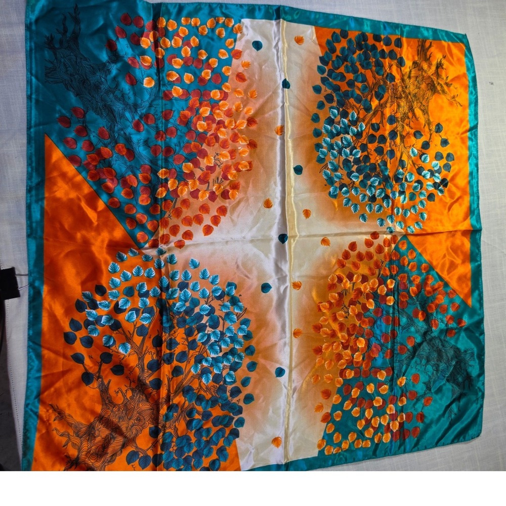Vintage Large Square Satin Scarf Teal Orange Botanical Tree Leaf Print 35x35